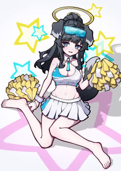Rule 34 | 1girl, 865257950, absurdres, animal ears, barefoot, black hair, blue archive, blue eyes, blush, breasts, cheerleader, dog ears, dog girl, dog tail, feet, full body, goggles, goggles on head, halo, hibiki (blue archive), hibiki (cheer squad) (blue archive), highres, holding, holding pom poms, legs, long hair, looking at viewer, millennium cheerleader outfit (blue archive), navel, official alternate costume, open mouth, pom pom (cheerleading), pom poms, simple background, sitting, skirt, soles, solo, star (symbol), star sticker, sticker, sticker on arm, sticker on face, tail, toes, white background, yellow halo