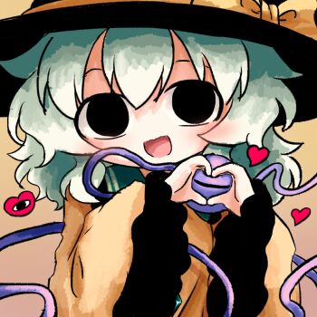 1girl black_eyes black_hat bow buttons collared_shirt commentary_request diamond_button disembodied_linked_eye empty_eyes eyeball frilled_shirt_collar frilled_sleeves frills gradient_background green_hair hat hat_bow heart heart_hands heripantomorrow komeiji_koishi long_hair long_sleeves looking_at_viewer open_mouth shirt smile solo touhou wide_sleeves yellow_bow yellow_shirt