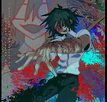 0000k_lll 2boys black_hair bleeding blood blood_on_arm boxcutter cuts english_text glasses holding holding_boxcutter injury male_focus multiple_boys pillarboxed randal's_friends randal_ivory red_eyes self-harm self-harm_scar short_hair tsukada_satoru wrist_cutting