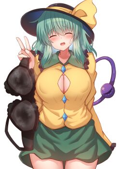 1girl black_bra black_hat blue_hair blush bra breasts button_gap buttons closed_eyes collared_shirt colored_inner_hair commentary_request cowboy_shot diamond_button frills green_hair green_skirt hair_between_eyes hat hat_ribbon highres holding holding_bra holding_underwear holding_unworn_clothes komeiji_koishi large_breasts long_sleeves miniskirt multicolored_hair open_mouth presenting_bra ribbon shirt short_hair simple_background skirt smile solo standing steam sweatdrop third_eye tksand touhou underwear v white_background wide_sleeves yellow_ribbon yellow_shirt