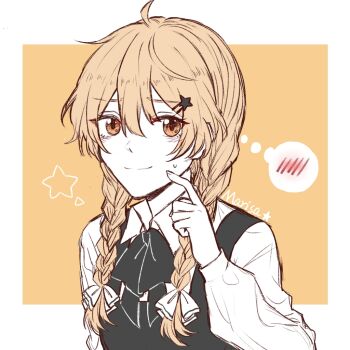 1girl alternate_hairstyle black_bow black_bowtie black_vest blonde_hair blush bow bowtie braid character_name collared_shirt commentary hair_bow hair_ornament hitte5416 kirisame_marisa long_hair long_sleeves no_headwear shirt smile solo spoken_blush star_(symbol) star_hair_ornament sweatdrop touhou twin_braids vest white_bow white_shirt yellow_eyes