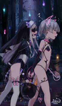 2girls anal_beads artist_name ball_gag basket bdsm black_gloves blindfold candy collar crying ear_piercing elbow_gloves flat_chest food gag gloves grey_hair halloween heart highres hitodama holding holding_leash latex latex_leotard leash leotard liclac loli lollipop long_hair multiple_girls night nun o-ring open_mouth original outdoors piercing red_collar revealing_clothes sex_toy shiny_skin short_hair short_twintails sidelocks smile thighhighs trembling twintails vibrator walking white_thighhighs yuri