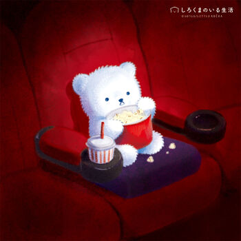 animal animal_focus artist_name bear_cub commentary cup disposable_cup drinking_straw food highres no_humans original popcorn serico sitting symbol-only_commentary theater_seating