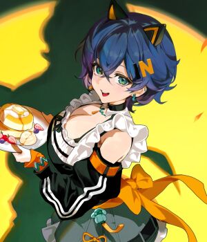 1girl adapted_costume alternate_costume animal_ears bare_shoulders belle_(zenless_zone_zero) black_bow black_bowtie black_shirt black_sleeves blue_hair bow bowtie breasts cat_ears cleavage commentary_request confetti cropped_shirt detached_sleeves earrings enmaided food frills from_side fruit green_eyes grey_skirt hair_ornament holding holding_plate jewelry letter_hair_ornament maid medium_breasts open_mouth pancake pancake_stack plate shadow shirt short_hair single_thighhigh skirt smile socks standing strawberry teeth thighhighs upper_teeth_only yellow_background zenless_zone_zero zuco