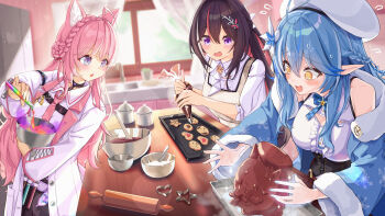 Rule 34 | 3girls, @ @, animal ear fluff, animal ears, aqua nails, azki (4th costume) (hololive), azki (hololive), beret, black choker, black corset, black hair, blue hair, blue jacket, blurry, blurry background, blush, bowl, braid, breasts, center frills, chocolate making, choker, colored inner hair, commentary request, corset, elf, fingernails, flower, frills, fur-trimmed jacket, fur trim, hair flower, hair ornament, hakui koyori, hakui koyori (1st costume), hat, highres, holding, holding bowl, holding test tube, hololive, indoors, jacket, large breasts, long hair, long sleeves, looking at another, multicolored hair, multiple girls, nail polish, open mouth, pink hair, pointy ears, purple eyes, shara (syara so ju), test tube, tube, virtual youtuber, white hat, wolf ears, wolf girl, yellow eyes, yukihana lamy, yukihana lamy (1st costume)