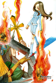 Rule 34 | 1boy, 1girl, absurdres, armor, artist name, belt, blue dress, boots, brown hair, burning, chainmail, cross, demon (megami tensei), denim, denim boots, denim dress, dress, feathered wings, fire, from side, full body, highres, holding, holding scepter, holding sword, holding weapon, long hair, non-web source, official art, out of frame, principality (megami tensei), scan, scepter, shin megami tensei, shin megami tensei iii: nocturne, spiked helmet, sumino hirune, sword, tachibana chiaki (megami tensei), walking, weapon, white background, wings