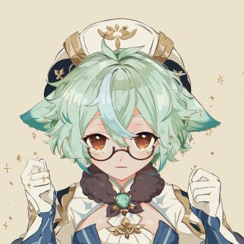 Rule 34 | 1girl, animal ears, antenna hair, beret, brown-framed eyewear, fur choker, genshin impact, gloves, gold trim, green hair, hair between eyes, hands up, harushuka, hat, highres, looking at viewer, multicolored hair, orange eyes, parted lips, portrait, semi-rimless eyewear, sepia background, smile, solo, sparkle, straight-on, streaked hair, sucrose (genshin impact), vision (genshin impact)