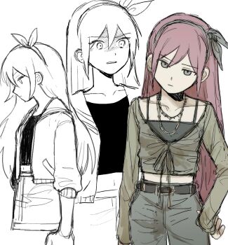 1girl :| alternate_costume alternate_eye_color arm_at_side aubrey_(faraway)_(omori) aubrey_(omori) barbed_wire bare_shoulders belt black_belt black_camisole blue_pants bow_hairband breasts camisole clenched_teeth closed_mouth collarbone cowboy_shot cropped_torso denim double-parted_bangs expressionless grey_eyes grey_hairband grey_shirt hair_between_eyes hairband hand_on_own_hip highres jacket jeans jewelry jitome long_hair looking_ahead looking_at_viewer multiple_views navel necklace no_sclera omori open_clothes open_jacket pale_skin pants pink_hair profile ribbon-trimmed_shirt ribbon_trim sailor_collar shaded_face shirt sidelocks simple_background skinny small_breasts standing straight_hair teeth very_long_hair watya_wacha white_background wide-eyed