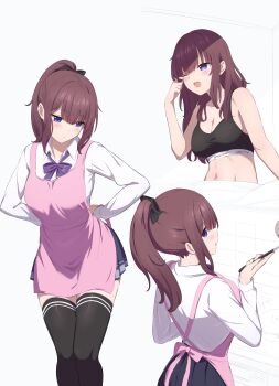 1girl absurdres apron breasts brown_hair cevio commentary_request hair_down highres ladle long_hair medium_breasts multiple_views natsuki_karin navel ponytail purple_eyes rubbing_eyes ruttse skirt sleepy sports_bra thighhighs zettai_ryouiki