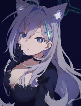 1girl animal_ears black_background black_dress black_gloves blue_archive blue_eyes breasts cleavage commentary_request cross_hair_ornament dress expressionless extra_ears gloves grey_hair hair_between_eyes hair_ornament halo highres long_hair looking_at_viewer mismatched_pupils shiroko_terror_(blue_archive) simple_background solo tokage_(pr) upper_body wolf_ears wolf_girl