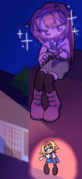 Rule 34 | 1girl, alice margatroid, blue sky, boots, brown hair, brown thighhighs, character doll, closed mouth, commentary request, cookie (touhou), diorama, doll, dress, food-themed hair ornament, green dress, hair ornament, hairband, ichigo (cookie), long hair, looking down, marionette, melanin shikiso, pink hairband, puppet, purple boots, purple eyes, sitting, sky, smile, solo, strawberry hair ornament, thighhighs, touhou