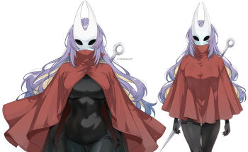 Rule 34 | absurdres, black bodysuit, bodysuit, breasts, cloak, commentary, cosplay, cowboy shot, highres, hollow knight, hollow knight: silksong, hololive, hololive indonesia, horisu (kholiskun), hornet (hollow knight), hornet (hollow knight) (cosplay), large breasts, long hair, mask, moona hoshinova, purple hair, red cloak, simple background, symbol-only commentary, virtual youtuber, white background