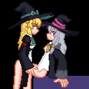 aizawa_azusa animated animated_gif blonde_hair blush elaina_(majo_no_tabitabi) futa_with_female futanari green_eyes hat implied_futanari majo_no_tabitabi original pixel_art purple_eyes sex slime_taoshite_300_nen_shiranai_uchi_ni_level_max_ni_nattemashita vaginal white_hair wyster1a yuri