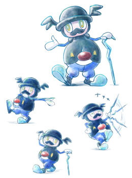 Rule 34 | +++, bright pupils, cane, closed eyes, commentary request, facial hair, full body, gen 8 pokemon, highres, holding, holding cane, huiyuan, motion lines, mr. rime, multiple views, mustache, nintendo, pokemon, pokemon (creature), pokemon focus, simple background, standing, standing on one leg, white background, white pupils, yellow eyes