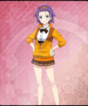 1girl bangs_pinned_back bare_legs black_bow black_bowtie blue_eyes bow bowtie bracelet breasts brown_skirt closed_mouth dot_nose feet_out_of_frame floral_background forehead game_cg hairband hands_on_own_hips jacket jewelry large_breasts looking_at_viewer maruyama_akane_(toji_no_miko) official_art orange_hairband orange_jacket osafune_girls_academy_school_uniform partially_unzipped pink_background purple_hair school_uniform shirt short_hair skirt smile smirk solo spiked_hair third-party_source toji_no_miko toji_no_miko:_kizamishi_issen_no_tomoshibi track_jacket underbust v-shaped_eyebrows white_shirt