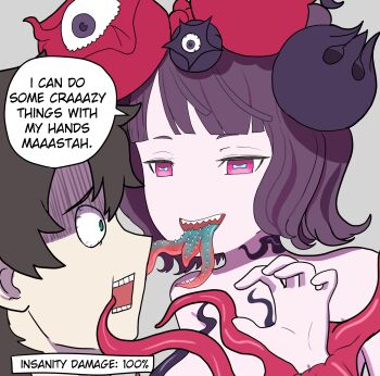 1boy 1girl absurdres artrum4 barbed_tongue bare_shoulders black_hair commentary english_commentary english_text fate/grand_order fate_(series) fujimaru_ritsuka_(male) green_eyes hair_ornament hetero highres katsushika_hokusai_(fate) katsushika_hokusai_(third_ascension)_(fate) multiple_tongues open_mouth purple_eyes purple_hair scared sharp_teeth short_hair speech_bubble teeth upper_teeth_only you_gonna_get_raped