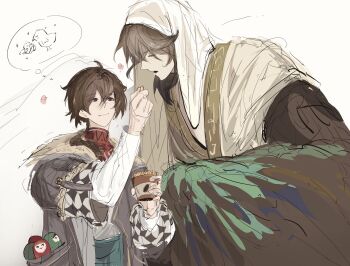 2boys bird_wings brown_coat brown_eyes brown_hair brown_wings chinese_clothes closed_eyes closed_mouth coat commentary facing_another feathered_wings feeding food getian_(reverse:1999) hair_over_shoulder hanfu highres holding holding_food long_hair long_sleeves looking_at_another low_ponytail male_focus matryoshka_doll multiple_boys name_day_(reverse:1999) open_mouth ponytail reverse:1999 simple_background smile speech_bubble thought_bubble tmor1999 upper_body veil white_background winged_arms wings yaoi yellow_hanfu