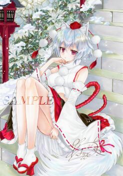 1girl ajimor animal_ears black_skirt breasts commentary_request detached_sleeves frilled_skirt frills geta grey_hair hat highres inubashiri_momiji looking_at_viewer medium_breasts pom_pom_(clothes) red_eyes red_hat red_sandals red_skirt sample_watermark sandals signature sitting sitting_on_stairs skirt socks solo stairs tail tengu-geta tokin_hat touhou traditional_media two-tone_skirt watermark white_socks wolf_ears wolf_girl wolf_tail