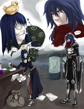 Rule 34 | ..., 1boy, 1girl, animal, animal on head, armor, armored boots, assassin cross (ragnarok online), bio lab, bird, bird on head, black cape, black pants, black shirt, blue dress, blue hair, boots, brown thighhighs, burglar, cape, closed mouth, coke-bottle glasses, commentary request, dagger, disguise, dress, dual wielding, eremes guile, erlenmeyer flask, expressionless, fake facial hair, fake mustache, flask, full body, garter straps, glasses, hair between eyes, holding, holding dagger, holding knife, holding paper, holding weapon, indoors, jamadhar, juliet sleeves, knife, long bangs, long hair, long sleeves, looking at another, on head, pants, paper, pauldrons, potion, priest (ragnarok online), puffy sleeves, ragnarok online, red eyes, red scarf, sack, scarf, shirt, shoulder armor, side slit, spoken ellipsis, stasis tank, theft, thighhighs, toriria, vambraces, waist cape, weapon