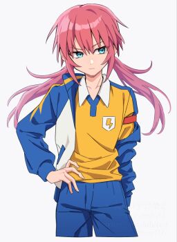 1boy aqua_eyes blue_jacket blue_pants closed_mouth cowboy_shot hair_between_eyes hand_on_own_hip highres inazuma_eleven_(series) inzm1147 jacket kirino_ranmaru long_hair looking_to_the_side male_focus open_clothes open_jacket pants raimon raimon_soccer_uniform shirt simple_background soccer_uniform solo sportswear trap white_background yellow_shirt