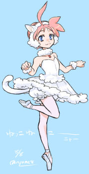 1girl :3 ahiru_(princess_tutu) ahoge alternate_costume animal_earmuffs animal_ears ballerina ballet ballet_slippers bare_shoulders bloomers blue_background blue_eyes cat_ears cat_girl cat_tail commentary_request earmuffs en_pointe freckles hair_bun jewelry orange_hair pantyhose pendant pink_pantyhose princess_tutu smile solo standing standing_on_one_leg tail tutu underwear white_bloomers yameshoko