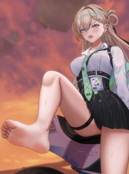 1girl absurdres barefoot blonde_hair blue_eyes blush denokoto feet highres long_hair lynae_(wuthering_waves) open_mouth panties pantyshot soles toes underwear upskirt wuthering_waves
