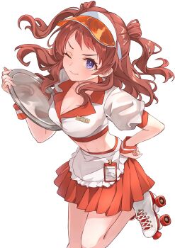 1girl ;) absurdres apron b1ack_illust blue_eyes breasts cleavage collar commentary_request gakuen_idolmaster hanami_saki hand_on_own_hip hand_up highres holding holding_plate idolmaster lapels large_breasts long_hair looking_at_viewer midriff miniskirt name_tag navel one_eye_closed plate pleated_skirt puffy_short_sleeves puffy_sleeves red_collar red_hair red_skirt red_trim red_wrist_cuffs roller_skates shirt shoes short_sleeves simple_background skates skirt smile solo standing standing_on_one_leg stomach striped_clothes striped_wrist_cuffs tag two_side_up v-shaped_eyebrows visor_cap waist_apron waitress white_apron white_background white_shirt white_shoes wrist_cuffs