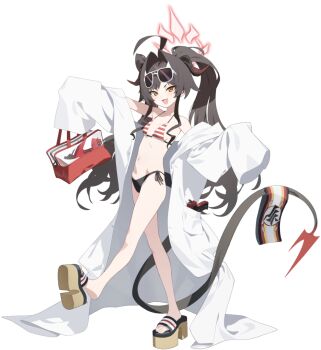 &gt;:) 1girl :3 artist_request bag bare_legs bikini black_bikini black_hair blue_archive eyewear_on_head full_body gun halo handgun highres hip_bones holding holding_bag horns kasumi_(blue_archive) kasumi_(swimsuit)_(blue_archive) lab_coat legs long_hair long_sleeves looking_at_viewer navel official_art open_mouth platform_clogs platform_sandals red_halo sandals sleeves_past_wrists smile solo stomach striped_bikini striped_clothes sunglasses swimsuit tail transparent_background twintails v-shaped_eyebrows very_long_hair weapon wide_sleeves yellow_eyes