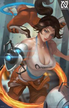 1girl absurdres aperture_science_handheld_portal_device artist_logo ass breasts brown_hair chell cleavage highres jumpsuit large_breasts logo long_fall_boots long_hair nopeys orange_jumpsuit ponytail portal_(object) portal_(series) solo tank_top wheatley