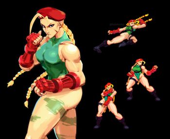 1girl beret biceps black_background black_boots blonde_hair blue_eyes bodypaint boots braid breasts cammy_white chest_harness closed_mouth commentary contrapposto cowboy_shot english_commentary facial_scar fighting_stance fingerless_gloves gloves green_leotard harness hat high_kick highres kdekercy kicking leotard looking_at_viewer low_twin_braids medium_breasts muscular muscular_female pixelated red_gloves red_hat scar scar_on_cheek scar_on_face simple_background standing street_fighter thigh_strap twin_braids twitter_username v-shaped_eyebrows