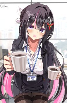 Rule 34 | 1girl, absurdres, alternate costume, azki (hololive), black hair, black jacket, black pantyhose, black skirt, blush, coffee, coffee mug, colored inner hair, commentary request, cup, highres, holding, holding cup, hololive, id card, inokeiwd, jacket, long hair, looking at viewer, mole, mole under eye, mug, multicolored hair, pantyhose, pink eyes, pink hair, pink streaks, shirt, skirt, smile, solo, streaked hair, very long hair, virtual youtuber, white shirt, white streaks