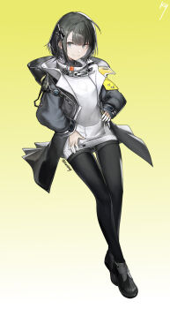 Rule 34 | arknights, arknights: endfield, black hair, black jacket, black pantyhose, black shoes, commentary request, endministrator (arknights), female endministrator (arknights), gradient background, green background, grey eyes, highres, jacket, kuroinu9, medium hair, pantyhose, shirt, shoes, white shirt