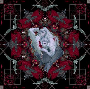 2boys absurdres arm_behind_head astarion baldur&#039;s_gate baldur&#039;s_gate_3 barefoot bat_(animal) black_pants blood blood_from_mouth blood_on_clothes collared_shirt dagger dungeons_&amp;_dragons dungeons_&amp;_dragons highres holding holding_dagger holding_knife holding_weapon knife male_focus multiple_boys pale_skin pants parted_lips peanut9021 pointy_ears shirt short_hair vampire weapon white_hair white_shirt