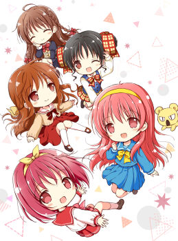 5girls ;d ahoge black_hair black_shirt black_skirt blue_sailor_collar blue_serafuku blue_shirt blue_skirt blush bow braid brown_bow brown_cardigan brown_eyes brown_hair cardigan cardigan_vest character_request chibi closed_mouth commentary_request crossover doukyuusei_(series) doukyuusei_2 fujisaki_shiori hair_bow highres juliet_sleeves kamigishi_akari long_hair long_sleeves multiple_crossover multiple_girls nanase_miori narusawa_yui one_eye_closed open_cardigan open_clothes open_mouth plaid_clothes plaid_skirt pleated_skirt puffy_sleeves red_bow red_eyes red_hair red_sailor_collar red_skirt sailor_collar school_uniform serafuku shirt skirt smile to_heart to_heart_(series) tokimeki_memorial tokimeki_memorial_1 twin_braids twintails very_long_hair white_background white_shirt yellow_bow yellow_skirt