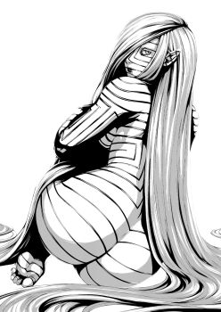 absurdres asherah_(megami_tensei) ass backboob barefoot body_markings breasts commentary_request demon demon_(megami_tensei) from_behind full-body_tattoo highres huge_ass lips long_hair looking_at_viewer looking_back macossa monochrome nude pointy_ears shin_megami_tensei shin_megami_tensei:_strange_journey simple_background tattoo very_long_hair white_background