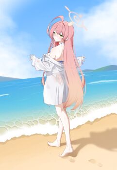 1girl ahoge ass bare_shoulders barefoot beach bikini bikini_top_only blonde_hair blue_archive blue_bikini blush bottomless braid braided_ponytail breasts cloud cloudy_sky gradient_hair green_eyes halo hanako_(blue_archive) hanako_(swimsuit)_(blue_archive) huge_ahoge large_breasts long_hair looking_at_viewer looking_back multicolored_hair nether_nt official_alternate_costume oversized_clothes oversized_shirt pink_hair pink_halo revealing_clothes see-through_clothes see-through_shirt shirt shore sidelocks sky smile soles solo swimsuit very_long_hair water white_shirt