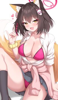 1girl absurdres alternate_breast_size_(larger) alternate_costume animal_ear_fluff animal_ears ankle_socks black_socks blue_archive blush bra breasts brown_hair cardigan cardigan_around_waist center_opening cleavage clothes_around_waist collared_shirt colored_skin commentary enru fang fox_ears fox_girl fox_hair_ornament fox_shadow_puppet fox_tail grey_skin gyaru hair_ornament heart highres izuna_(blue_archive) knee_up large_breasts looking_at_viewer miniskirt one_side_up open_mouth panties pink_bra pink_cardigan pink_panties pleated_skirt pom_pom_(clothes) pom_pom_hair_ornament rope scrunchie shimenawa shirt short_hair simple_background skin_fang skirt sleeves_rolled_up smile socks solo tail thick_thighs thighs underwear white_background white_shirt yellow_eyes yellow_scrunchie yellow_tail