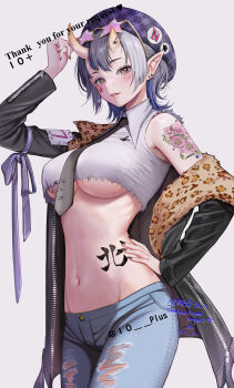 10_plus 1girl absurdres adjusting_eyewear animal_print arm_ribbon arm_up asymmetrical_horns bare_shoulders beret black_jacket black_nails black_necktie blue_hair blue_pants blush body_writing breasts brown_eyes character_name collared_shirt commentary commission cowboy_shot crop_top cropped_shirt denim ear_piercing english_text eyewear_on_head facial_tattoo fingernails flower_tattoo hand_on_eyewear hand_on_own_hip hat highres horns indie_virtual_youtuber jacket jeans large_breasts leather leather_jacket leopard_print lips long_sleeves looking_at_viewer midriff nail_polish navel necktie norr_(vtuber) oni_horns open_clothes open_jacket pants parted_lips piercing plaid_clothes plaid_headwear pointy_ears purple_hat purple_ribbon ribbon safety_pin shirt short_hair shoulder_tattoo sidelocks simple_background skeb_commission sleeveless sleeveless_shirt smile solo star-shaped_eyewear star_(symbol) star_tattoo stomach tattoo taut_clothes taut_shirt thank_you tight_clothes tinted_eyewear twitter_username underboob unzipped virtual_youtuber white_background white_shirt zipper_pull_tab