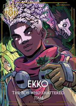 1girl 2boys animal_ears arcane:_league_of_legends artist_name astrodart bad_source bandage_on_face bandages blonde_hair brown_eyes brown_gloves brown_hair character_name dark-skinned_male dark_skin earrings ekko_(league_of_legends) facepaint gloves jewelry league_of_legends mask multiple_boys red_eyes scar_(arcane) second-party_source short_twintails stud_earrings twintails upper_body white_hair zeri_(league_of_legends)