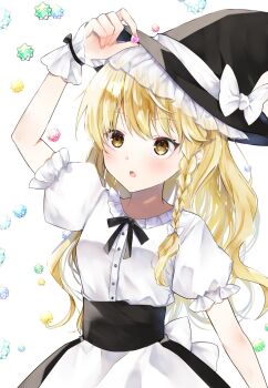 1girl alternate_costume apron black_bow black_bowtie black_hat black_skirt blonde_hair blush bow bowtie braid candy commentary_request food hair_bow hat hat_bow highres holding holding_candy holding_food kirisame_marisa konpeitou long_hair minatsuki_yurara open_mouth puffy_short_sleeves puffy_sleeves shirt short_sleeves side_braid single_braid skirt solo touhou waist_apron white_apron white_bow white_shirt witch_hat yellow_eyes