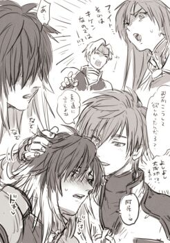2boys albel_nox blush caressing_hair cliff_fittir fayt_leingod highres implied_yaoi maria_traydor multiple_boys rinokun star_ocean star_ocean:_till_the_end_of_time