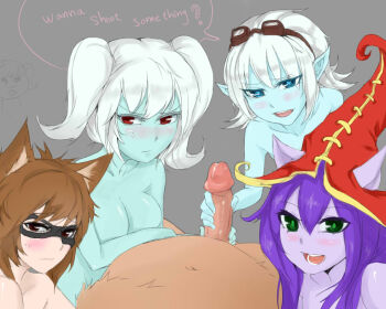 4girls animal_ears bad_id bad_pixiv_id blue_eyes blue_skin blush breasts brown_hair cat_ears cleavage colored_skin cooperative_handjob english_text gender_request genderswap goggles goggles_on_head green_eyes handjob hat kennen large_breasts league_of_legends long_hair lulu_(league_of_legends) mask multiple_girls nude open_mouth penis pix_(league_of_legends) pointy_ears poppy_(league_of_legends) pov purple_hair purple_skin red_eyes scofa short_hair smile speech_bubble sweatdrop teamwork_(sexual) tristana_(league_of_legends) two-handed_handjob two_side_up uncensored white_hair witch_hat yordle