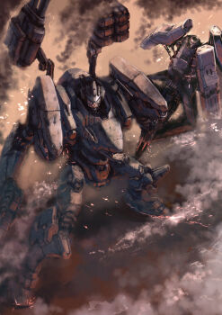 armored_core armored_core_vi:_fires_of_rubicon debris gun highres mecha missile_pod nightfall_(armored_core_vi) no_humans pile_bunker ra0aaa raven_(armored_core_vi) rifle robot shoulder_cannon smoke weapon