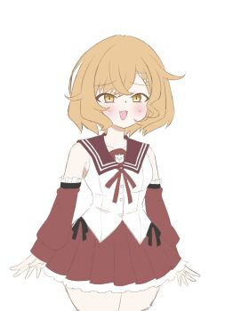 1girl :3 :d arms_at_sides assault_lily blush brown_hair cosplay cowboy_shot crossed_bangs detached_sleeves fang frilled_sleeves frills hair_ornament hairclip heart heart_hair_ornament highres kanba_girls_high_school_uniform kuwata_io long_sleeves looking_at_viewer miniskirt neck_ribbon open_mouth pleated_skirt red_ribbon red_sash red_skirt ribbon sash school_uniform serafuku shibukawa_chie shibukawa_chie_(cosplay) shirt short_hair simple_background skirt sleeveless sleeveless_shirt smile solo standing unu_(yayoinoasagohan) white_background white_shirt yellow_eyes