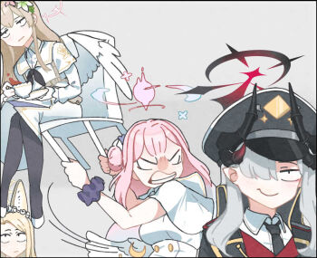 4girls angry animal_ears black_hat black_necktie black_pantyhose blank_eyes blonde_hair blue_archive breasts brown_hair capelet chair clenched_teeth collared_shirt commentary cup demon_horns facing_viewer fox_ears fox_girl grey_background grey_hair hair_over_one_eye halo hat holding holding_chair holding_cup horns looking_at_another makoto_(blue_archive) mika_(blue_archive) multiple_girls nagisa_(blue_archive) necktie pantyhose peaked_cap pointy_ears sam_szero scrunchie seia_(blue_archive) shirt shoes simple_background sitting smile tea tea_party_(blue_archive) teacup teeth unamused white_capelet white_shoes white_wings wings wrist_scrunchie