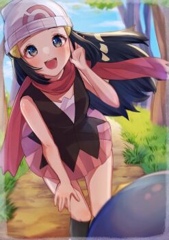 1girl absurdres beak beanie black_shirt black_socks blue_eyes blue_hair blush commentary_request dawn_(pokemon) gen_4_pokemon grass hair_ornament hairclip hat highres long_hair nintendo open_mouth outdoors pink_skirt piplup pokemon pokemon_(creature) pokemon_dppt red_scarf sakuratass88 scarf shirt skirt sleeveless sleeveless_shirt smile socks tree