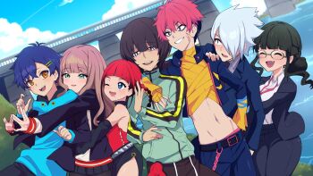 3girls 4boys :d anosillus_ii anti_(ssss.gridman) asanaka_yomogi asukagawa_chise bare_shoulders black_hair black_pantyhose black_skirt blue_eyes blue_hair blue_hoodie blue_jacket blush braid closed_eyes collared_shirt earrings thighs fang formal_clothes gauma glasses gradient_hair green_eyes green_hair green_jacket gridman_universe grin hair_over_one_eye heart heart_earrings highres hood hoodie hug hug_from_behind jacket jewelry light_brown_hair long_hair midriff minami_yume mole mole_under_mouth multicolored_hair multiple_boys multiple_girls nashirasauce open_clothes open_jacket open_mouth orange_eyes pantyhose pleated_skirt red_hair shirt short_hair side_slit skirt smile ssss.dynazenon suit track_jacket white_hair white_shirt yamanaka_koyomi