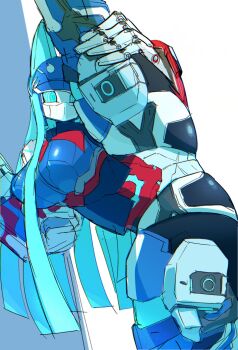 1girl animal_ears armor ass blue_eyes blue_hair blue_hat breasts cameltoe cat_ears cropped_legs hat highres hip_armor humanoid_robot jet_(jetngs) jetngs large_breasts leg_up long_hair mechanical_arms original panties phantasy_star phantasy_star_online_2 robot robot_girl solo split standing standing_on_one_leg standing_split underwear white_background