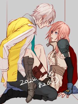 1boy 1girl 826hopelight aqua_eyes armor ascot black_footwear black_gloves blue_gloves boots breasts cape elbow_gloves final_fantasy final_fantasy_xiii final_fantasy_xiii-2 fingerless_gloves full_body gloves grey_footwear grey_hair grey_pants hair_between_eyes hair_over_shoulder holster hope_estheim lightning_farron medium_breasts medium_hair pants parted_lips pink_hair red_cape short_hair shoulder_armor stuck_in_a_box sweatdrop thigh_holster vest wavy_hair white_vest yellow_ascot