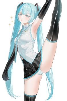 1girl absurdres aqua_eyes aqua_hair aqua_necktie arm_up armpits bare_shoulders black_gloves blush breasts commentary_request elbow_gloves gloves hakai_orz hatsune_miku highres long_hair looking_at_viewer necktie panties shirt simple_background skirt sleeveless sleeveless_shirt solo split standing standing_on_one_leg standing_split striped_clothes striped_panties thighhighs thighs twintails underwear very_long_hair vocaloid white_background